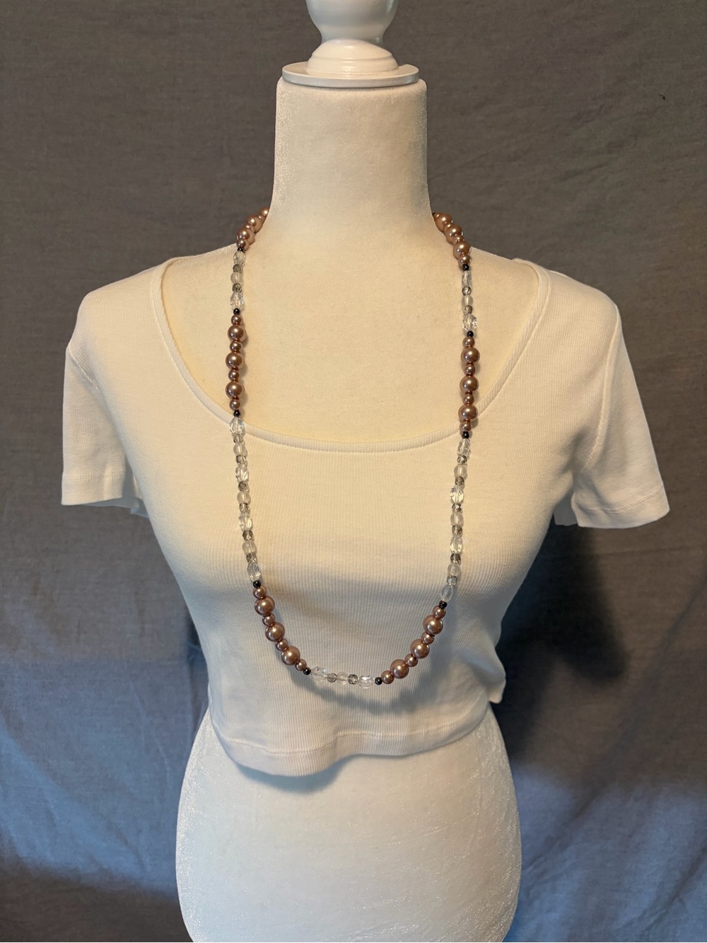 White House Black Market Elegant Brown Pearl and Clear Bead Long Necklace